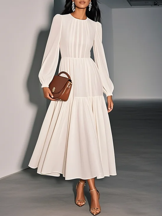 Off White Gathered Classic Crew Neck Long Sleeve Balloon Sleeve A-Line Midi Dress