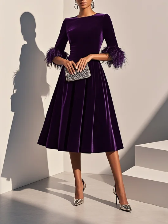 Purplish blue Feather-trimmed Velvet Crew Neck Half Sleeve A-Line Midi Dress