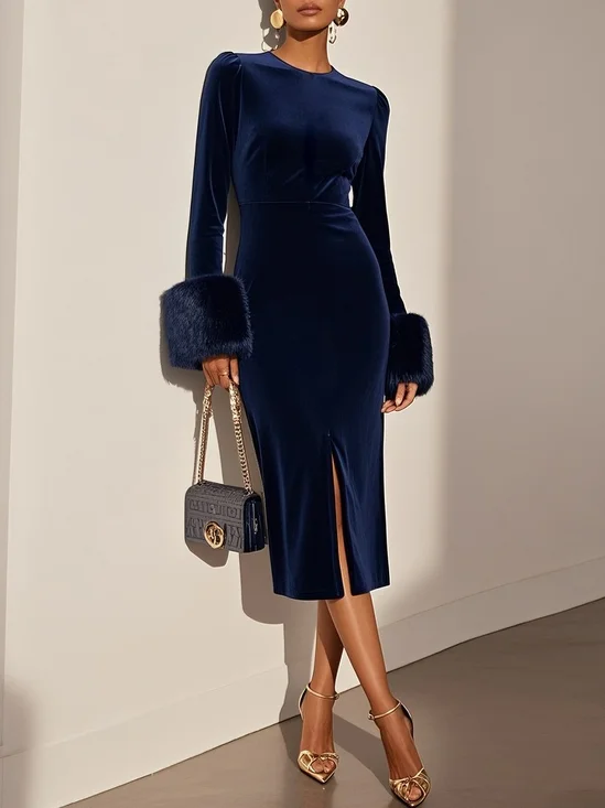 Navy Blue Slit Velvet Crew Neck Faux Fur Long Sleeve Sheath Midi Dress