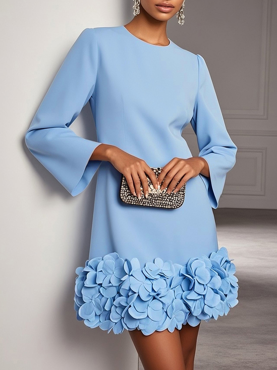 Light Blue 3D Floral Classic Crew Neck Long Sleeve Shift Mini Dress