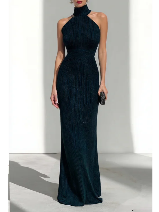 Black Classic Mock Neck Sleeveless Sheath Maxi Dress