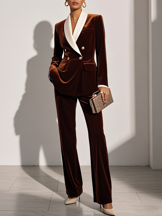 Women Brown Velvet Buckle Shawl Collar Long Sleeve Dressy Coat With Pants Two-Piece Set