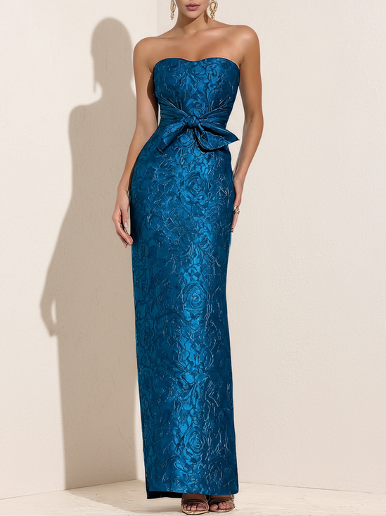 Blue Bow Jacquard Satin Strapless Sleeveless Sheath Maxi Dress