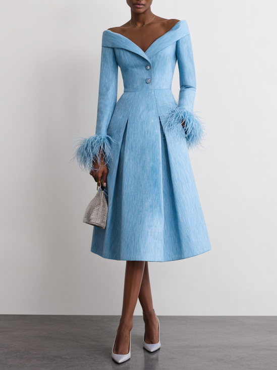 Blue Feather Buckle Classic Cold Shoulder Long Sleeve A-Line Midi Dress
