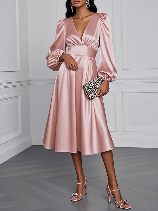 Pink Satin V Neck Long Puff Sleeve A-Line Midi Dress