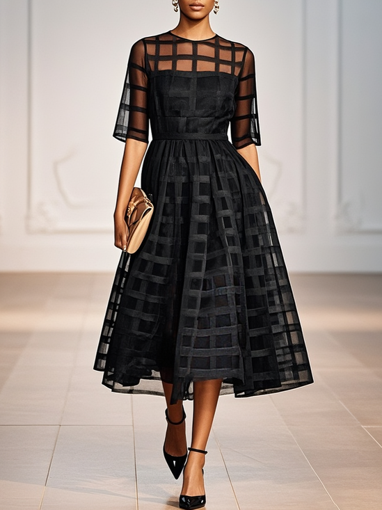 Black Organza Plaid Classic Crew Neck Half Sleeve A-Line Midi Dress