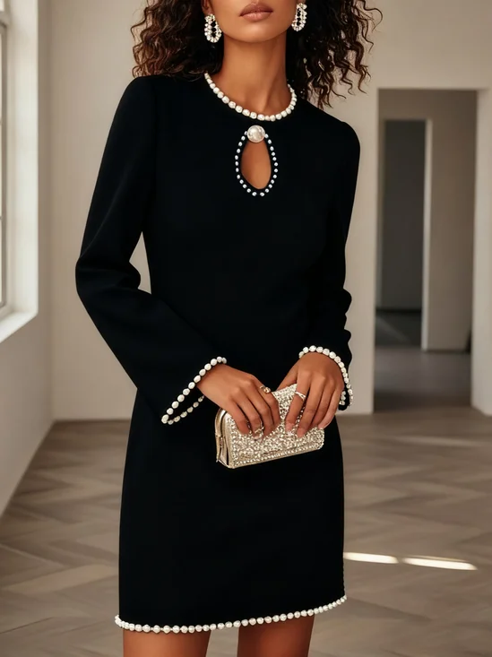 Black Pearl Cut Out Classic Crew Neck Long Sleeve Shift Mini Dress