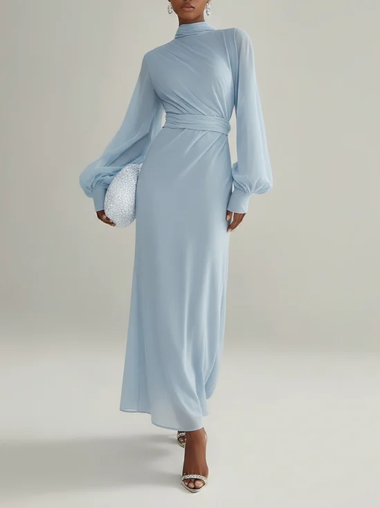 Light Blue Chiffon Mock Neck Long Sleeve Balloon Sleeve A-Line Maxi Dress