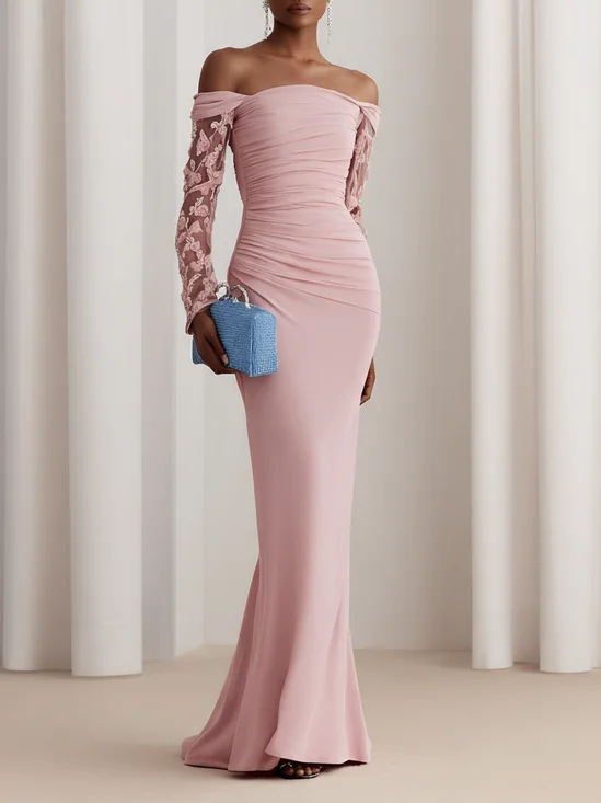 Pink Lace Classic Off The Shoulder Long Sleeve Sheath Gown Dress
