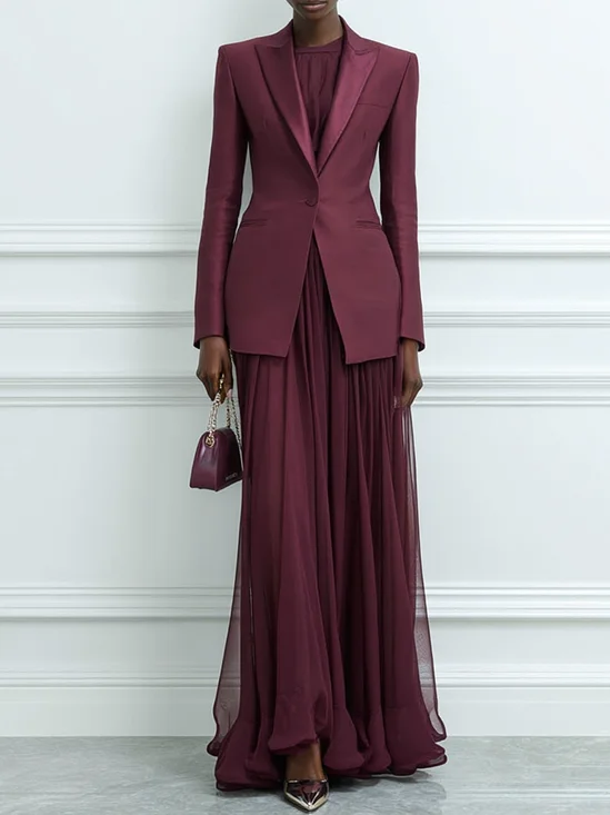 Women Wine Red Shawl Collar Long Sleeve Dressy Dress With Coat Two-Piece Set