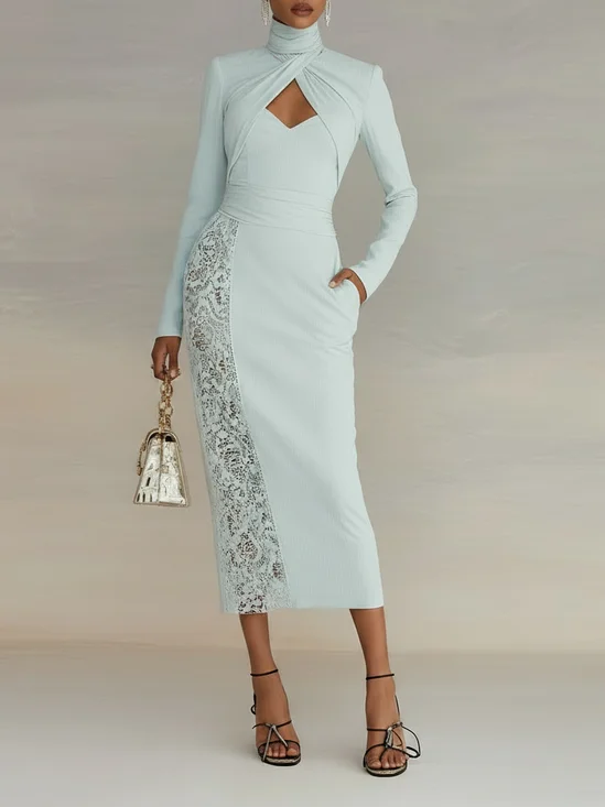 Light Green Mint Lace Classic Mock Neck Long Sleeve Sheath Midi Dress