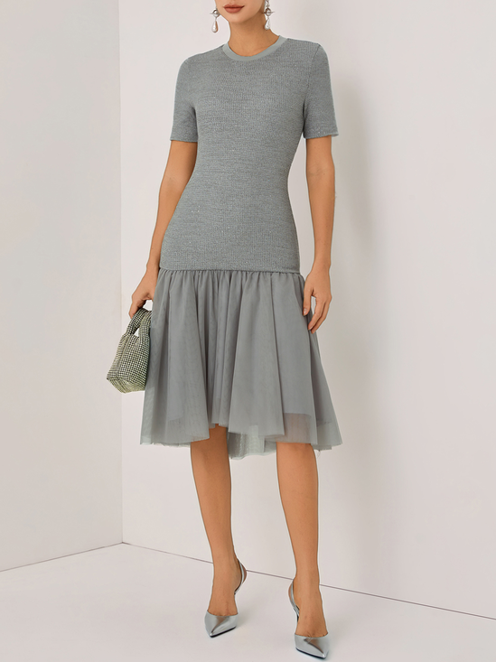 Gray Asymmetric Knit Crew Neck Half Sleeve Mermaid Midi Dress