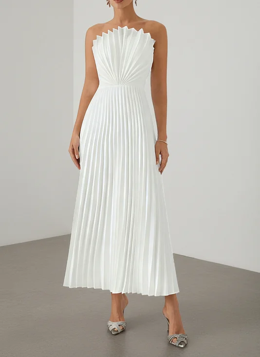 White Pleated Classic Strapless Sleeveless A-Line Maxi Dress