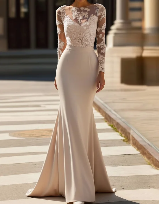 Off White Lace Beaded Classic Boat Neck Long Sleeve Mermaid Gown Dress
