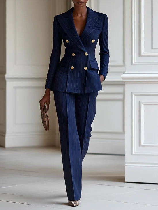Women Navy Blue Buckle Lapel Collar Long Sleeve Dressy Coat With Pants Two-Piece Set