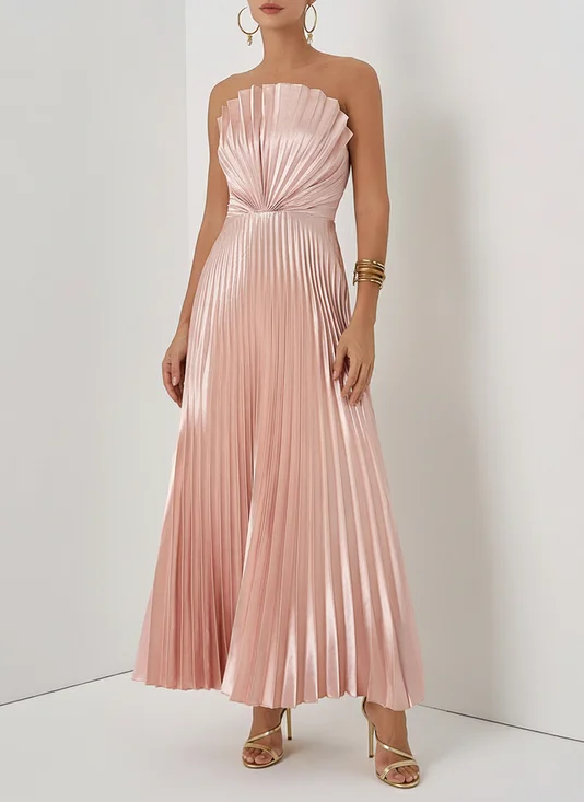 Rose Gold Pleated Satin Strapless Sleeveless A-Line Midi Dress