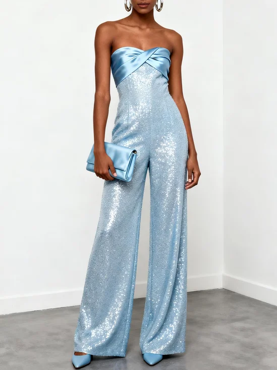 Women Light Blue Strapless Sleeveless Dressy Jumpsuit