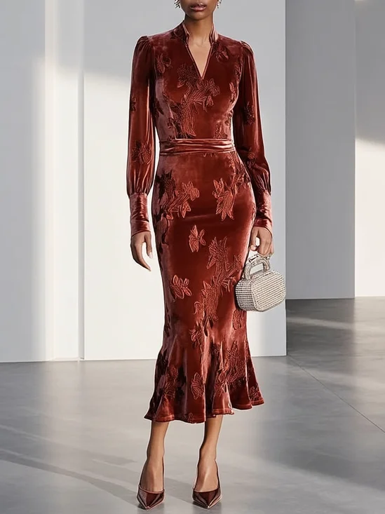 Orange Red Jacquard Velvet V Neck Long Sleeve Mermaid Midi Dress