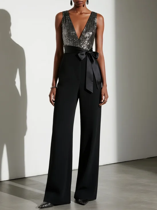 Women Black Bow Glitter V Neck Sleeveless Dressy Jumpsuit