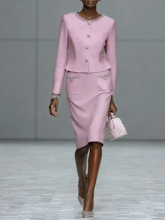 Women Pink Buckle Piping Crew Neck Long Sleeve Dressy Coat With Skirt Two-Piece Set