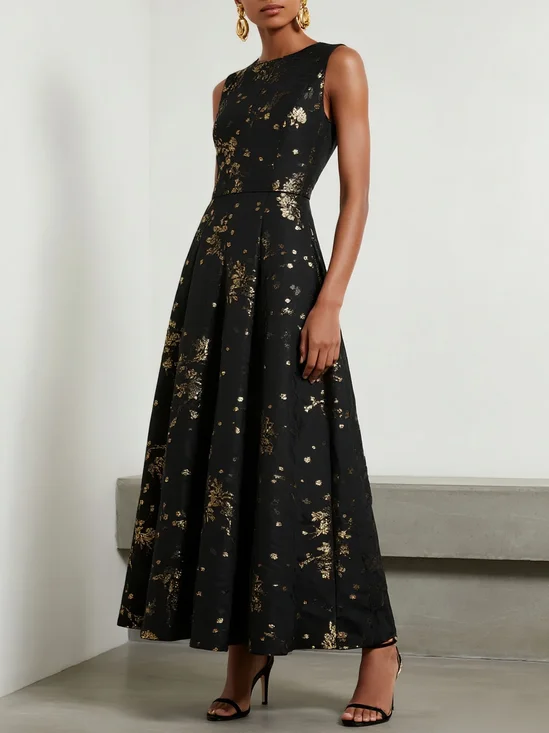 Black Stamped Bronzing Satin Crew Neck Sleeveless A-Line Maxi Dress