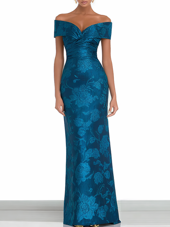 Blue Jacquard Floral Satin Off The Shoulder Sleeveless Sheath Maxi Dress