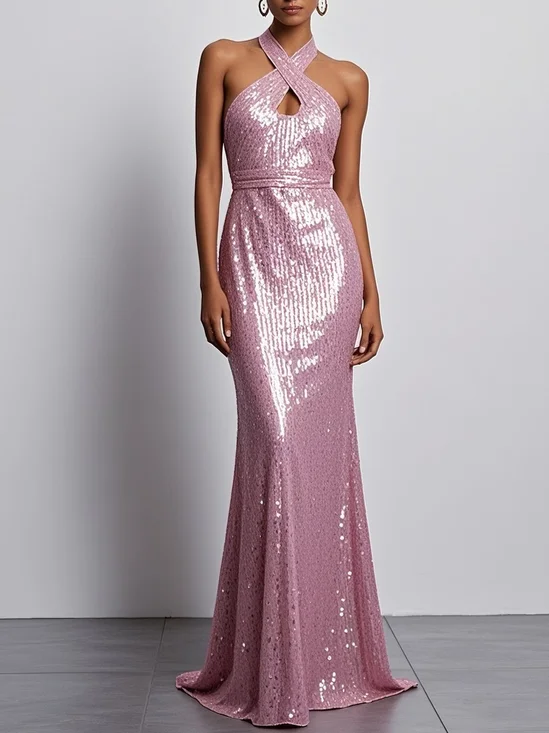 Pink Sequin Halter Sleeveless Mermaid Gown Dress
