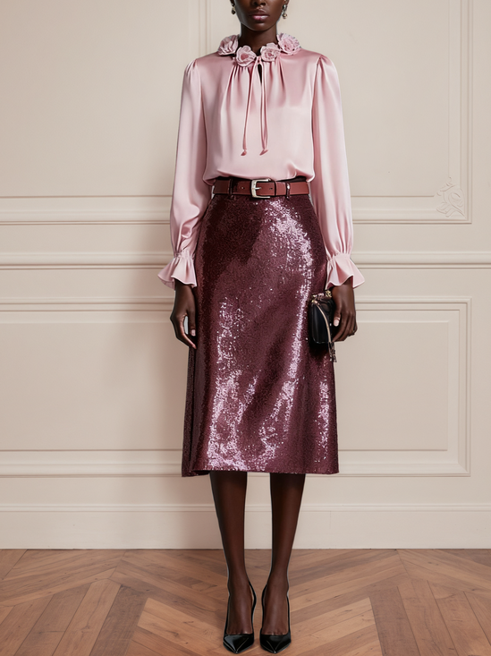 Women Pink Applique Crew Neck Long Sleeve Ruffle Sleeve Dressy Top With Skirt Two-Piece Set