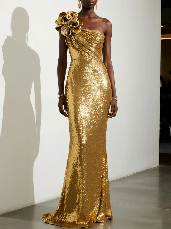 Golden 3D Floral Sequin One Shoulder Sleeveless Mermaid Gown Dress