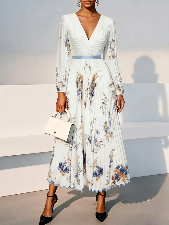 White Pleated Floral Chiffon V Neck Long Sleeve Balloon Sleeve A-Line Maxi Dress