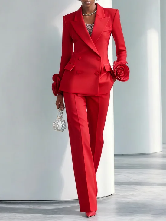 Women Red Applique Lapel Collar Long Sleeve Dressy Coat With Pants Two-Piece Set