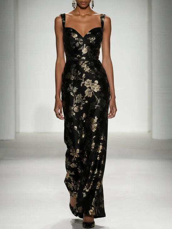 Black Stamped Bronzing Satin Sweetheart Neckline Sleeveless Sheath Maxi Dress