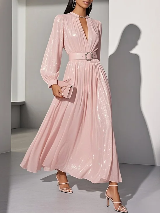 Light Pink Classic V Neck Long Sleeve Balloon Sleeve A-Line Maxi Dress
