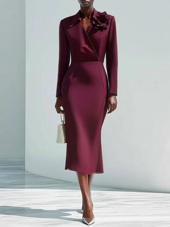 Fuchsia 3D Floral Classic Shawl Collar Long Sleeve Sheath Midi Dress