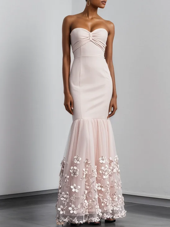 Nudepink 3D Floral Mesh Classic Strapless Sleeveless Mermaid Maxi Dress