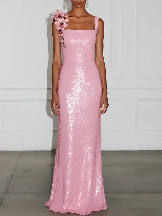 Pink 3D Floral Applique Sequin Square Neck Sleeveless Shift Gown Dress