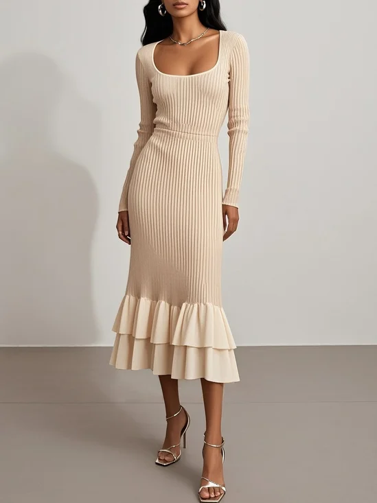 Apricot Ruffled Sweater Square Neck Long Sleeve Sheath Midi Dress