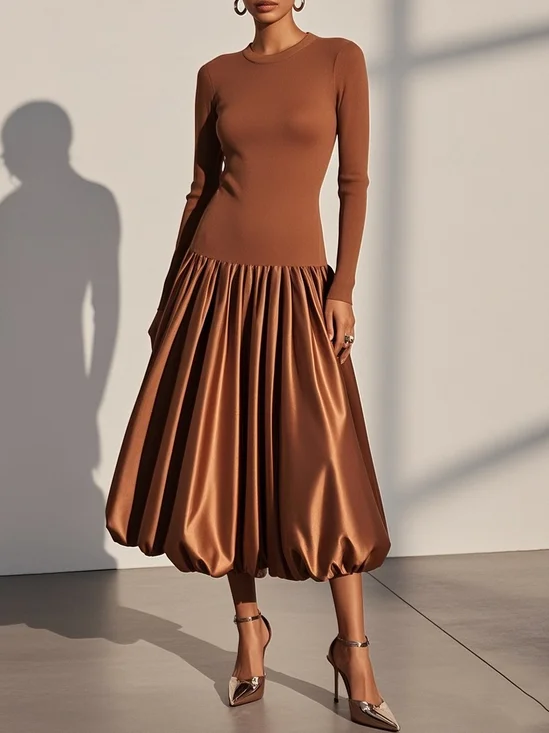 Brown Split Joint Knit Crew Neck Long Sleeve A-Line Midi Dress