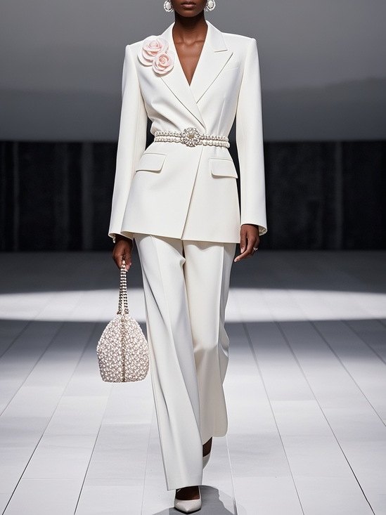 Women White 3D Floral Lapel Collar Long Sleeve Dressy Coat With Pants Two-Piece Set