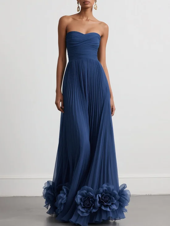 Navy Blue Pleated 3D Floral Chiffon Strapless Sleeveless A-Line Gown Dress