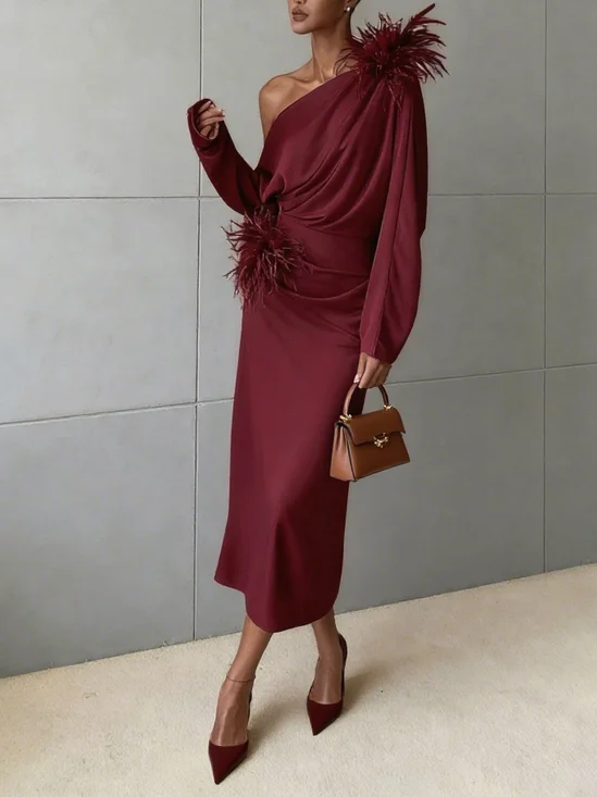 Fuchsia Feather-trimmed Ruched Classic Off The Shoulder Long Sleeve Shift Midi Dress