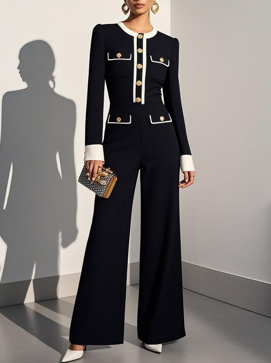 Women Black Buckle Piping Crew Neck Long Sleeve Dressy Jumpsuit