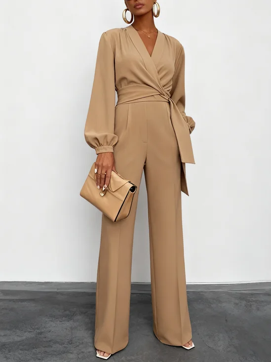 Women Khaki Knot Front V Neck Long Sleeve Balloon Sleeve Dressy Jumpsuit