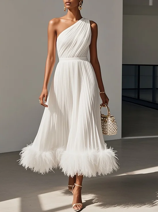 White Pleated Feather-trimmed Chiffon One Shoulder Sleeveless A-Line Midi Dress