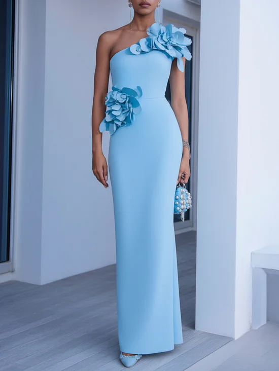 Sky Blue 3D Floral Classic One Shoulder Sleeveless Sheath Maxi Dress