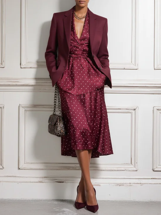 Women Wine Red Pocket Stitching Ruched Shawl Collar Long Sleeve Dressy Dress With Coat Two-Piece Set