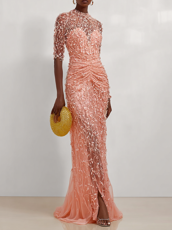 Peach Mesh Lace Crew Neck Half Sleeve Sheath Gown Dress