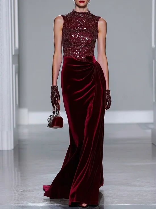 Burgundy Ruched Glitter Velvet Crew Neck Sleeveless Mermaid Gown Dress