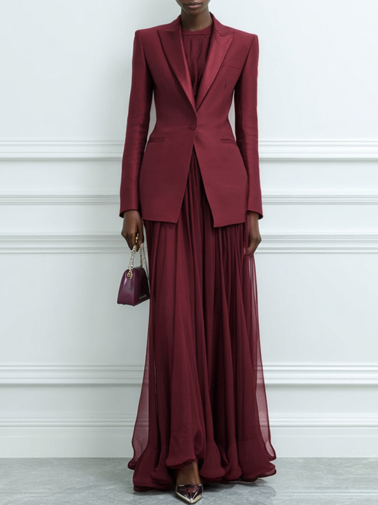 Women Wine Red Shawl Collar Long Sleeve Dressy Dress With Coat Two-Piece Set