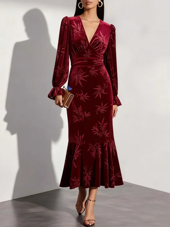 Wine Red Embossed Velvet V Neck Long Sleeve Bell Sleeve Mermaid Maxi Dress